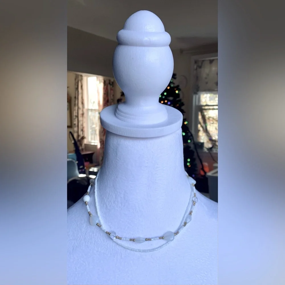🥛 Double Strand Milky White Beed with Brass Tone Necklace by Cookie Lee - Picture 11 of 11